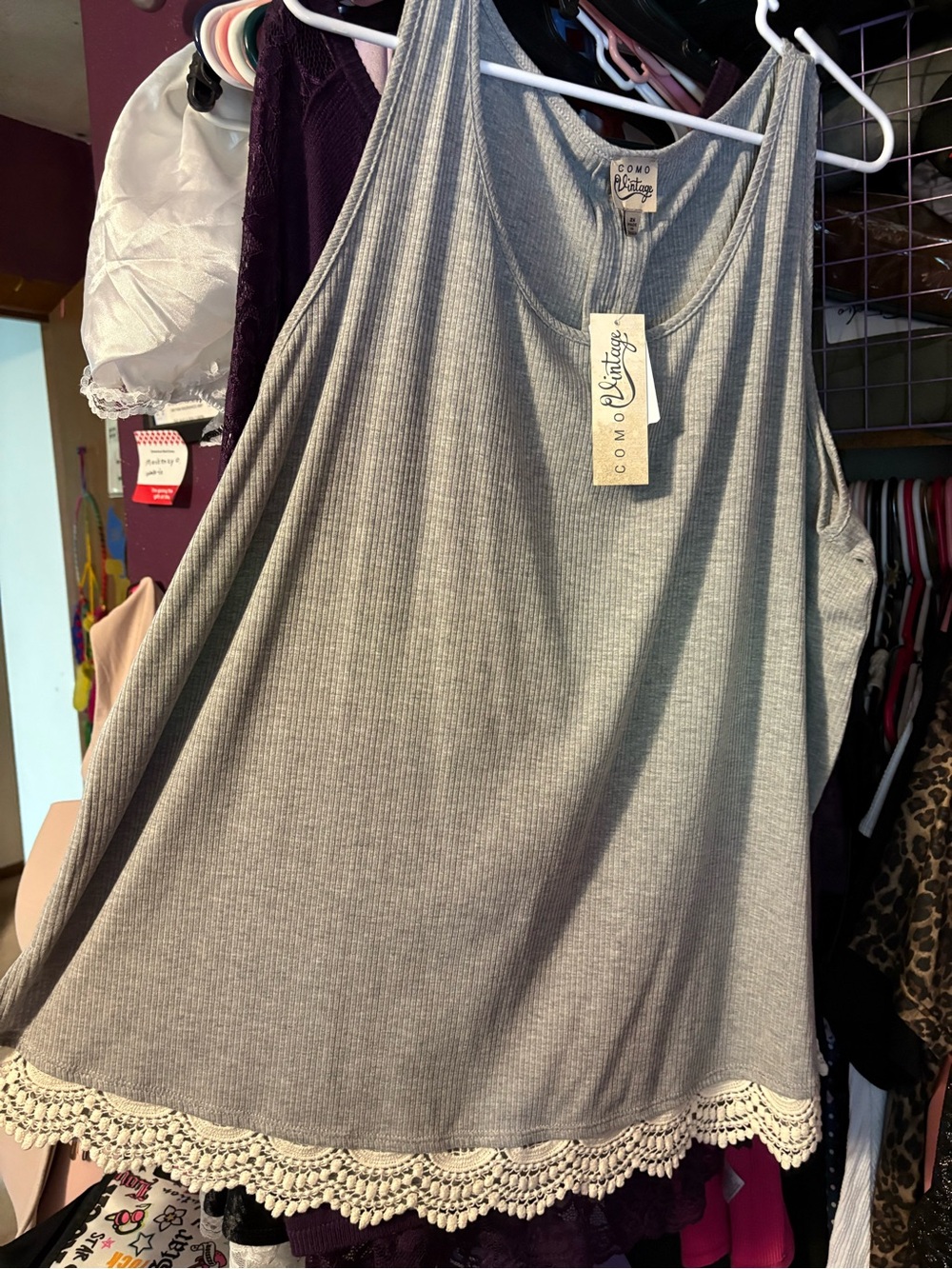 Como Vintage Gray Ribbed Tank with Cream Crochet Hem